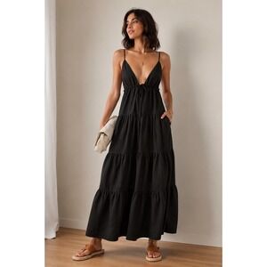 POSSE Black Linen Blend Tiered Maxi Dress XS Boho Minimalist Coastal Chic